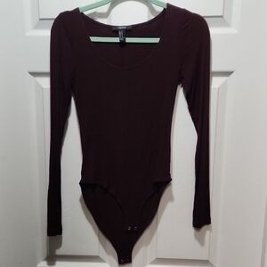 Forever 21 Ribbed Long Sleeve Bodysuit - Dark Maroon